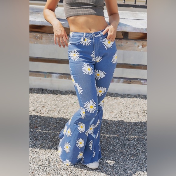 Daisy flower flare bell bottoms blue Jeans high waisted 70’s retro pants - Picture 2 of 9